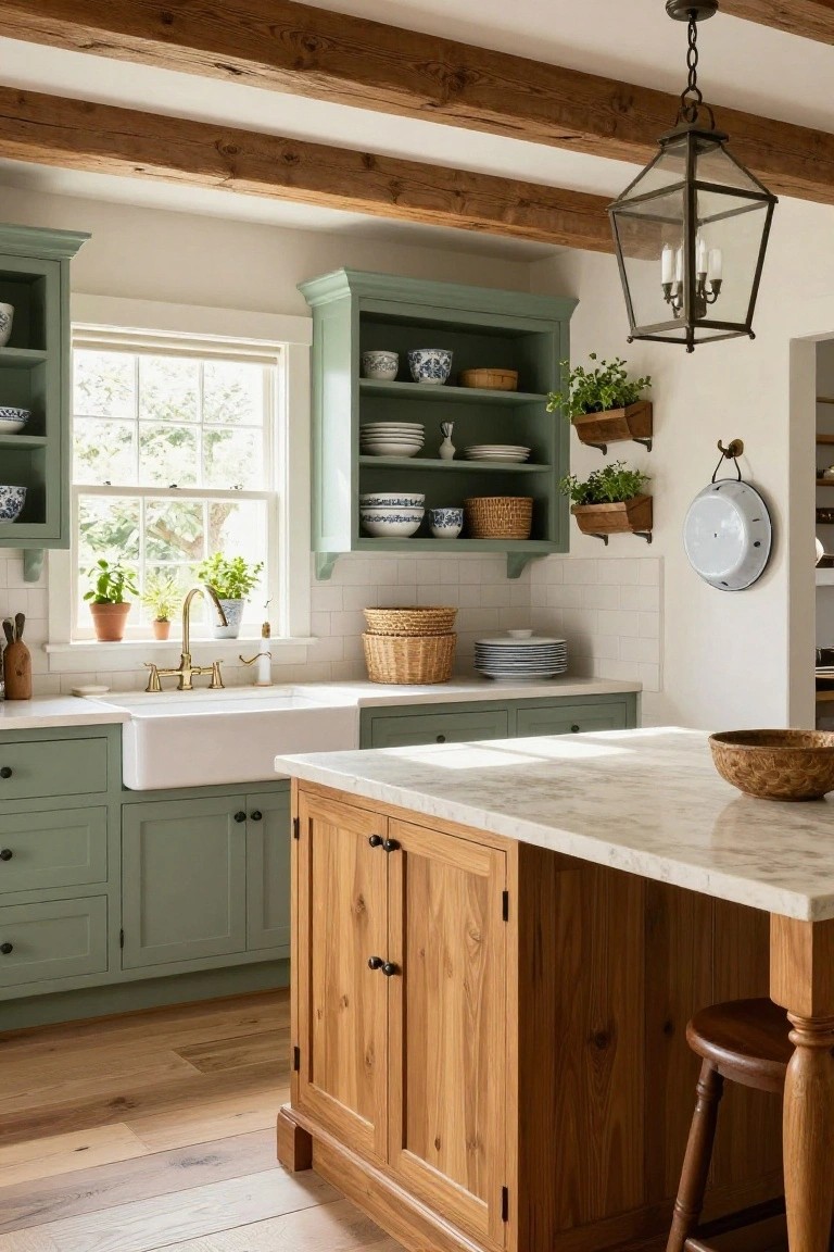 Kitchen interior with sage green cabinets, exposed wooden ceiling beams, white farmhouse sink under a large window, wooden island with marble countertop, open shelves with blue and white dishes, plants, and a wooden stool.