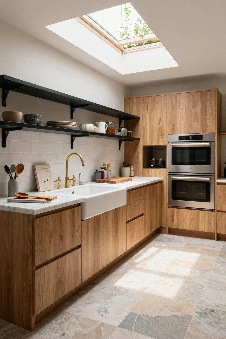 Contemporary kitchen with light oak cabinets, white subway tile backsplash, farmhouse sink with gold faucet, double wall ovens, black open shelves holding dishes and ceramics, marble countertop, and large overhead skylight with plants.