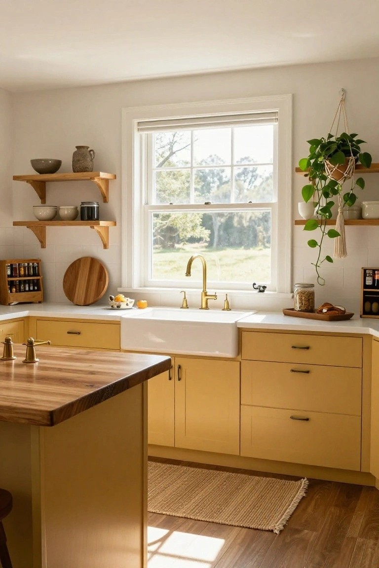 Kitchen interior featuring butter yellow lower cabinets, white farmhouse sink with gold faucet, wooden island countertop, open wooden shelves holding pottery and plants, and large window with view of trees and field.