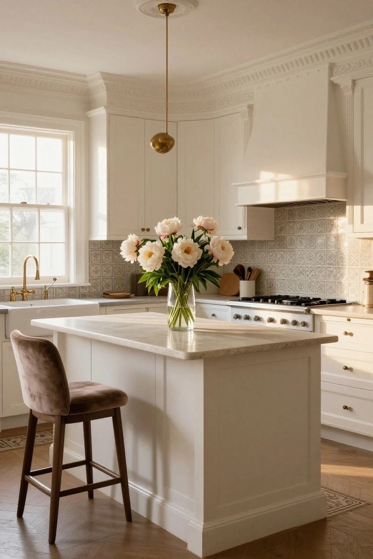 A white kitchen featuring tall white cabinets, a marble-topped island with upholstered bar stools, a vase of peonies, brass sink faucet and pendant light, and sunlight streaming through multipaned windows onto hardwood floors.