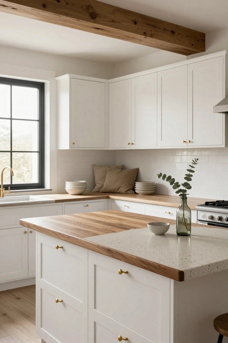 Light-filled kitchen with white shaker-style cabinets, wood countertops on L-shaped layout and central island, brass hardware, subway tile backsplash, large black-framed window, and gas stove.