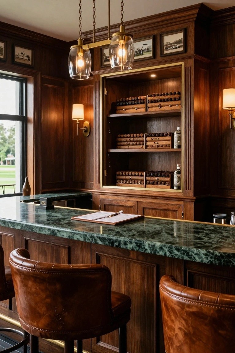 Wood-paneled bar room with open glass-front cabinet displaying stacked cigar boxes and bottles on shelves, green marble countertop, leather bar stools, and windows overlooking greenery.