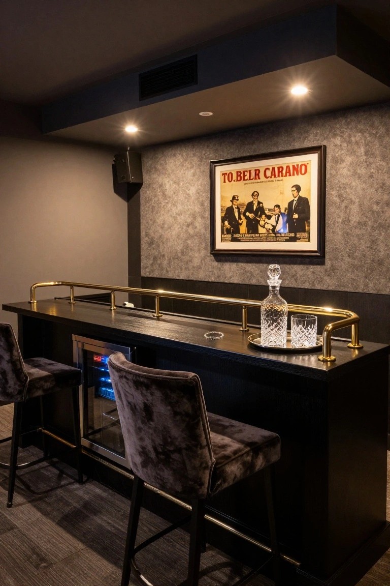 Home bar interior with black wood counter topped by brass railing, two gray velvet bar stools, built-in wine cooler, crystal decanter and glass on a tray, and vintage framed poster on textured gray wall.