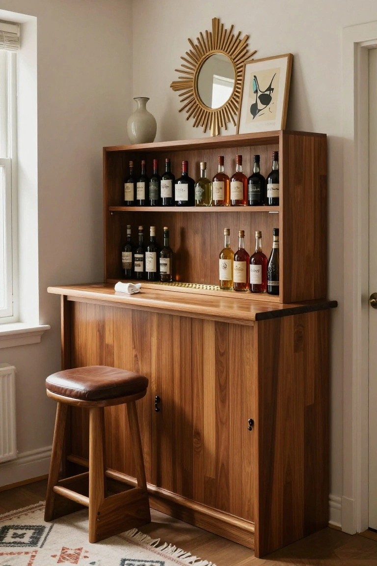 Wooden bar cabinet in room corner with open shelves holding liquor bottles, countertop with white cloth, leather stool, gold sunburst mirror, and art frame on wall.