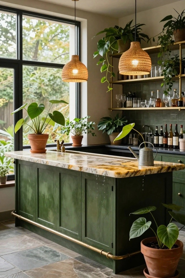 Indoor bar area with dark green paneled cabinets under a light marble-topped island, brass footrail, rattan pendant lights, shelves stocked with bottles and glassware, and numerous large potted tropical plants throughout the room.