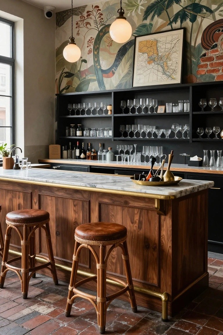 Interior of a bar room with dark wood bar island topped by white marble, brass trim details, rattan barstools, glassware on black shelves, and tropical-patterned wallpaper on walls.