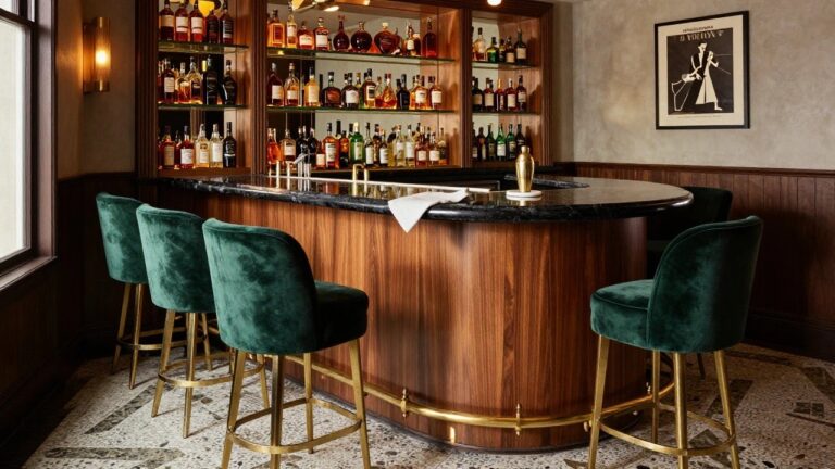 Curved wooden bar counter with black marble top, brass footrail and base, green velvet barstools, backlit glass shelves of liquor bottles, and a jazz poster on the wall in a room with a ceiling fan.