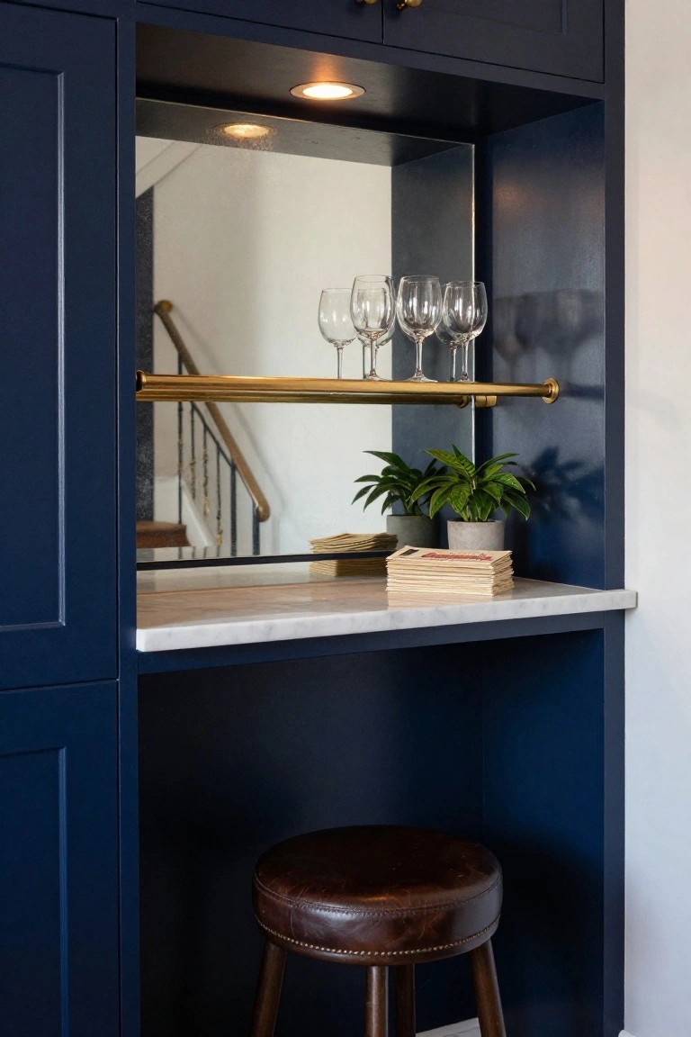 Navy blue cabinetry forming a built-in bar with marble countertop, brass stemware rack holding wine glasses, mirror reflecting a staircase, potted plants and books on the counter, and a leather stool in front.