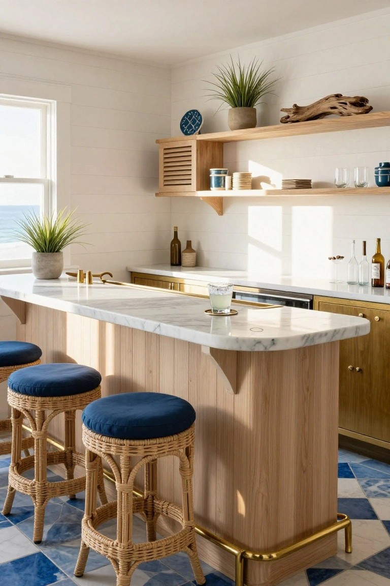 Bright interior kitchen bar with light wood island and white marble countertop, two rattan barstools with blue cushions, potted plants, glassware, bottles, and window view of ocean.
