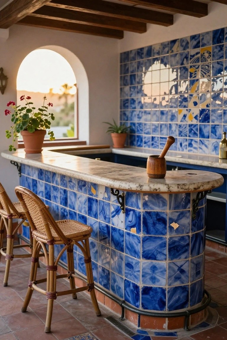 Curved outdoor bar counter with blue patterned tiles, wooden stools, mortar and pestle, potted plants, and arched window opening to sunset view.