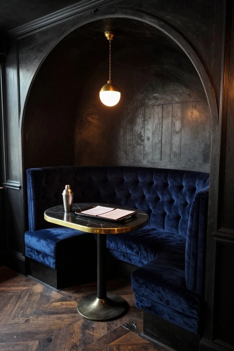 Dark arched alcove with curved navy blue tufted velvet booth seating around a small round black marble-topped brass table holding a silver cocktail shaker and papers, lit by a hanging brass globe pendant, wood-paneled walls and herringbone wood floor.