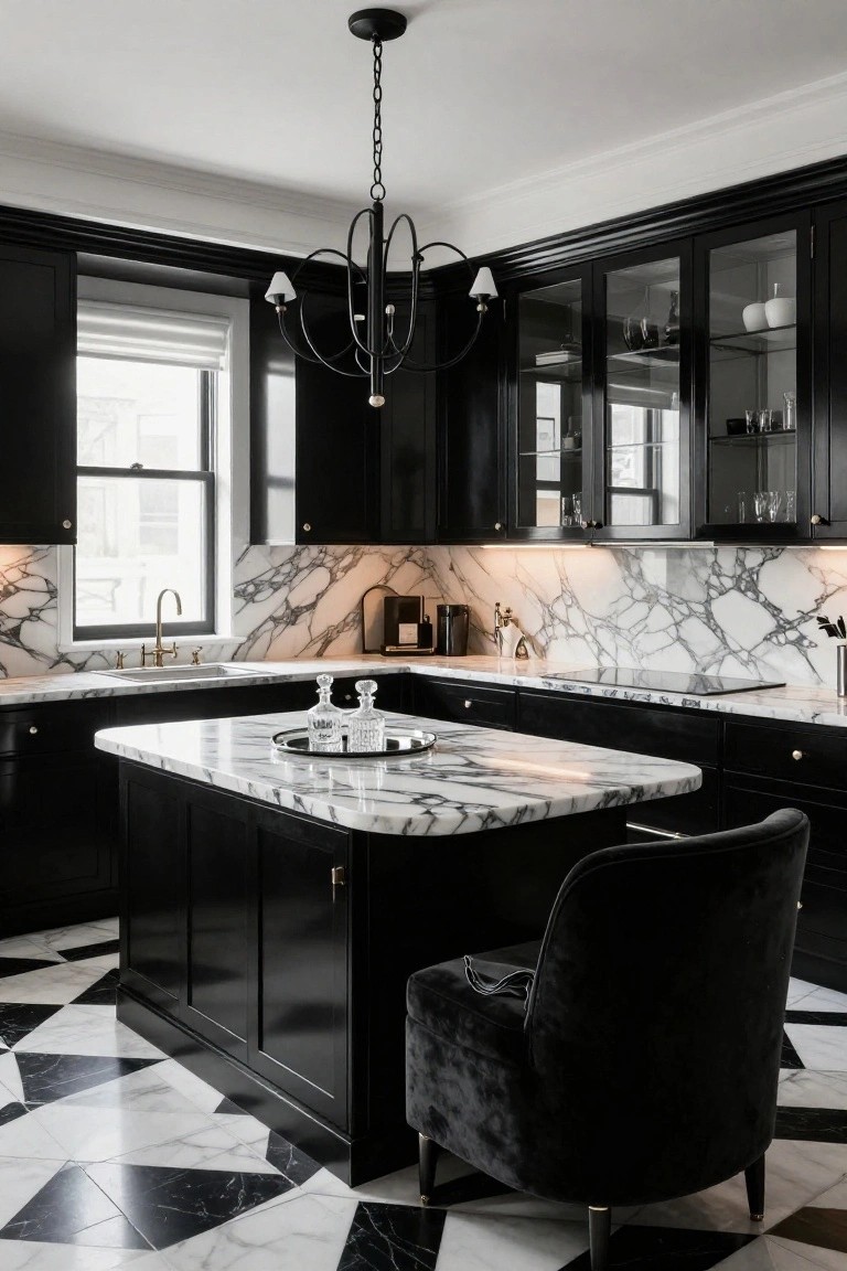 Kitchen interior with glossy black lower cabinets and glass-front uppers, white veined marble countertops and backsplash, brass faucet and hardware, black velvet chair at the island, black chandelier, and black-and-white checkered tile floor.