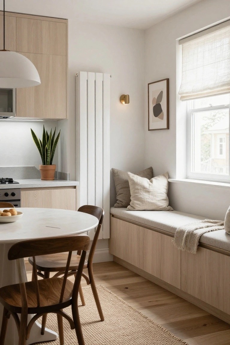 Light wood kitchen cabinets with a white round table, wooden chairs, snake plant, and built-in beige bench seating by a window with cushions and a throw blanket.
