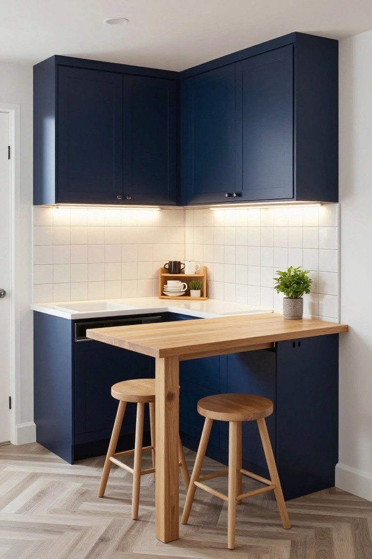 Compact L-shaped corner kitchen with navy blue cabinets, white subway tile backsplash, integrated oak wood countertop breakfast bar extending into the room with two wooden stools, sink, dishwasher, and under-cabinet LED lighting on laminate herringbone flooring.