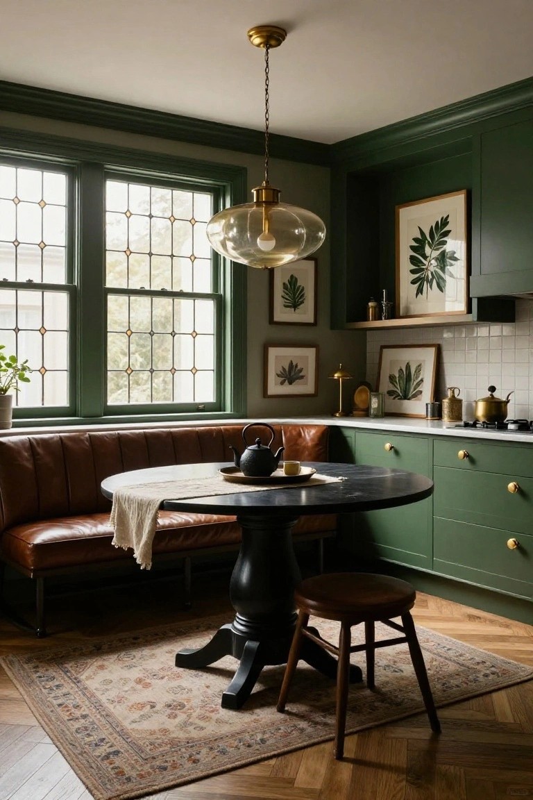 Green-painted kitchen with leather banquette seating along a window wall, black round pedestal table, wooden stool, brass pendant light, and botanical artwork on walls.