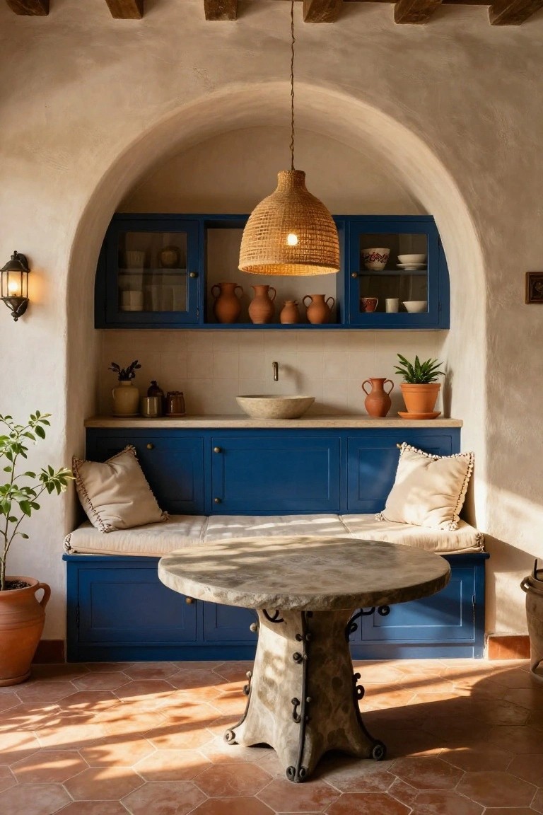 Arched indoor kitchen nook with blue cabinets displaying pottery and dishes, beige cushioned banquette seating, round gray stone table on pedestal base, plants in terracotta pots, and warm sunlight on terracotta tile floor.