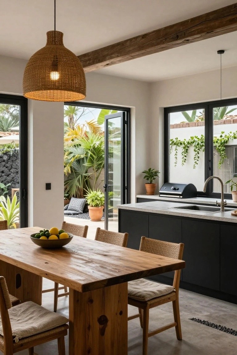 Open-plan kitchen with black cabinets, light wood dining table holding lemons in a bowl, rattan pendant light overhead, and large black-framed glass doors open to a tropical garden patio with palms, potted plants, and a barbecue grill.