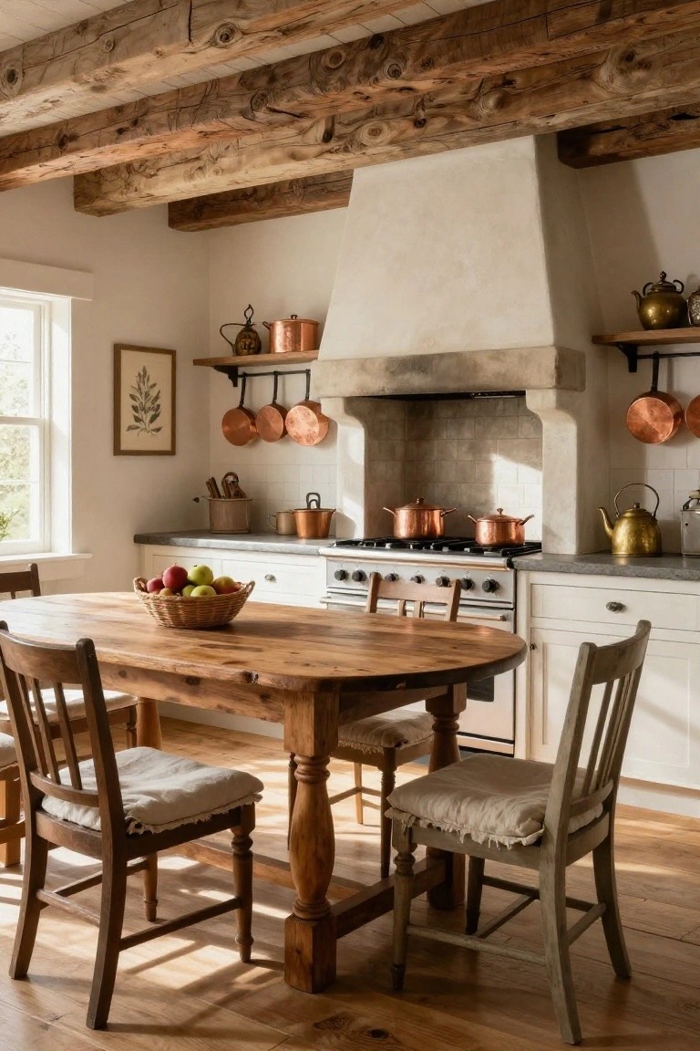 Kitchen interior with exposed wooden beam ceiling, white shaker cabinets, copper pots hanging from shelves and over gas range, stone chimney hood, farmhouse wood dining table with woven basket of apples, wooden chairs with cushions, and hardwood floors.