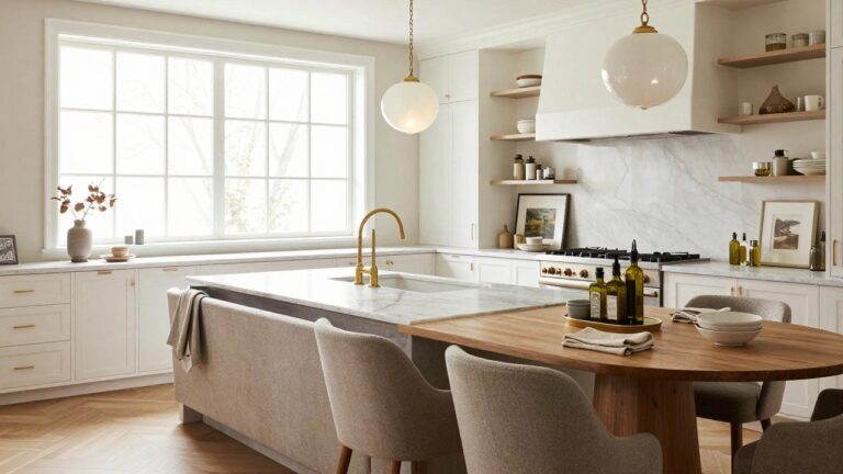 21 Luxury Eat-In Kitchen Ideas That Feel Cozy Yet Upscale White kitchen featuring a marble-topped island with built-in gray banquette seating, round wooden table, upholstered chair, gold faucets, open shelves, and herringbone oak floors.