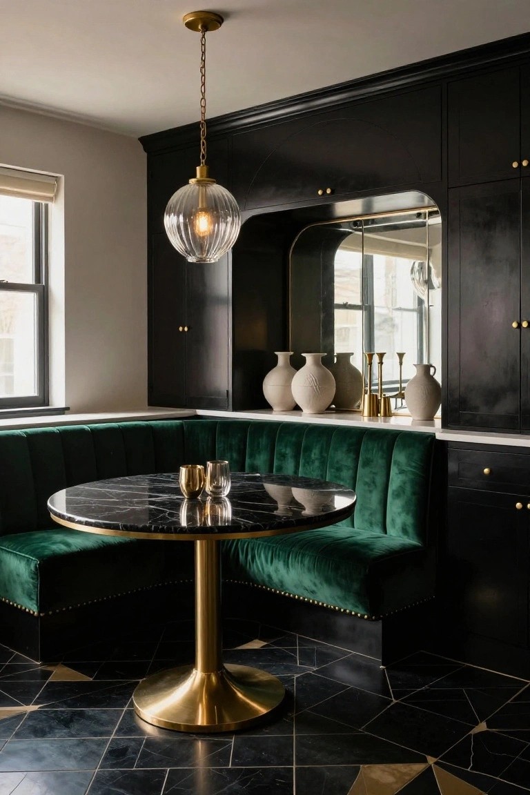 Kitchen nook with curved green velvet tufted banquette around black marble round table on brass pedestal base, flanked by black cabinetry with white ceramic vases and arched mirror, on geometric black and gold floor tiles.