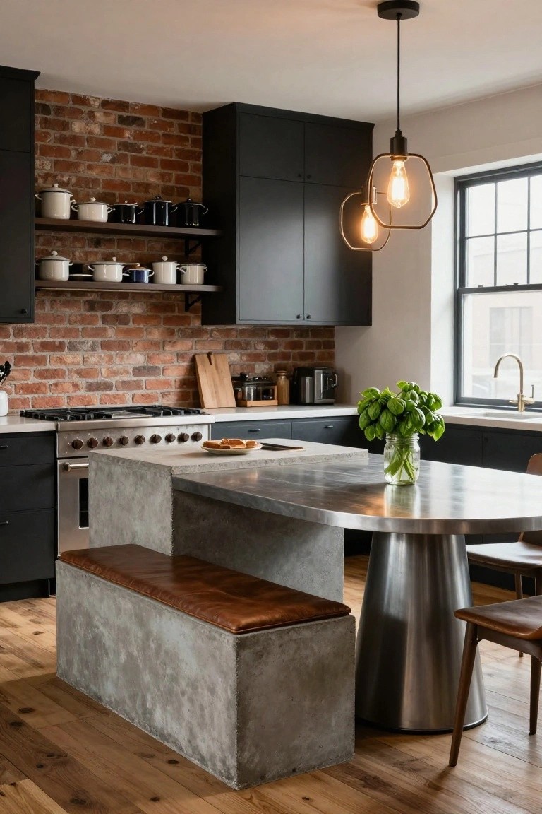 Kitchen with black cabinets, exposed brick backsplash wall, stainless steel gas range and island, concrete bench with brown leather cushion, and round metal pedestal table.
