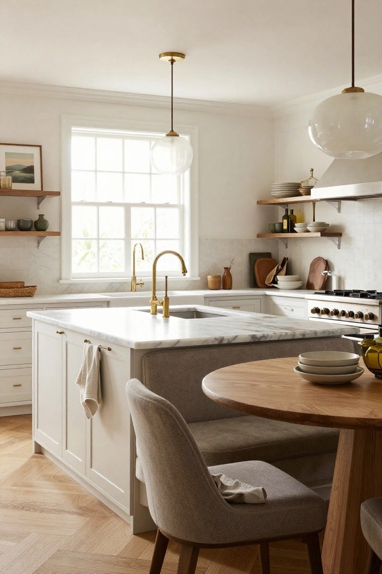White kitchen featuring a marble-topped island with built-in gray banquette seating, round wooden table, upholstered chair, gold faucets, open shelves, and herringbone oak floors.