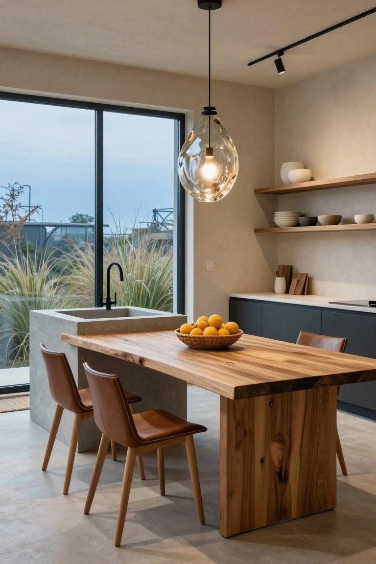 Minimalist eat-in kitchen with large live-edge wooden dining table, brown leather chairs on wood legs, concrete sink pedestal, navy cabinets, wooden shelves with dishes, pendant light, and large windows showing grasses outside.