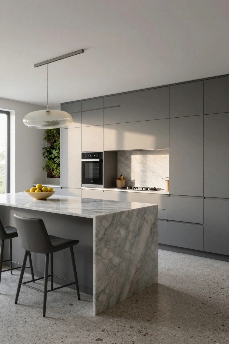 Modern kitchen with light gray flat-panel cabinets, large white veined marble island with waterfall edges and yellow bowl of lemons, two black leather bar stools, built-in black oven and cooktop, vertical green wall, and terrazzo floor.