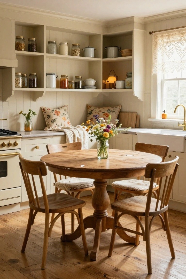 Cream kitchen with open wood shelves stocked with glass jars, a round wooden pedestal table and four wooden chairs, a vase of mixed flowers on the table, farmhouse sink, and lace curtains on the window.