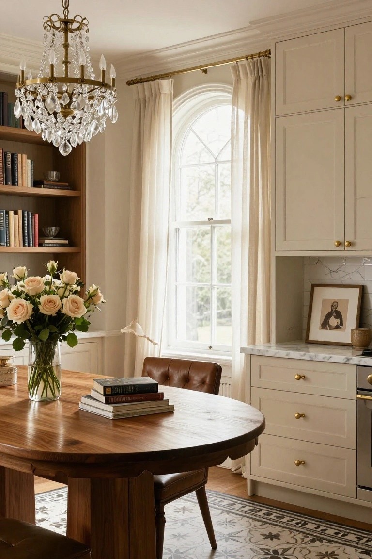 Eat-in kitchen interior with round wooden table, leather chairs, cream cabinets, brass chandelier, bookshelves, potted roses on table, and arched window with sheer curtains.