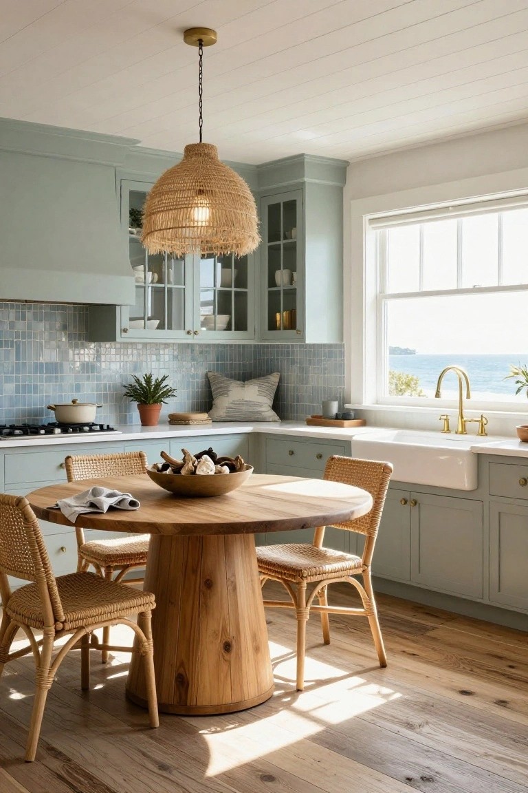 Kitchen interior with light sage green cabinets, blue hexagonal tile backsplash, round wooden pedestal table with four rattan chairs, cooktop, farmhouse sink, and window overlooking ocean.