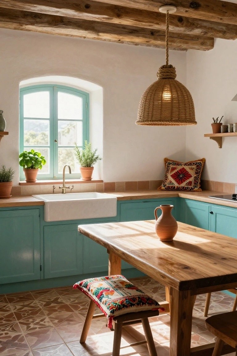 Kitchen interior with turquoise cabinets, white farmhouse sink, wooden trestle table with stools and cushions, rattan pendant light, potted plants, and arched turquoise window.