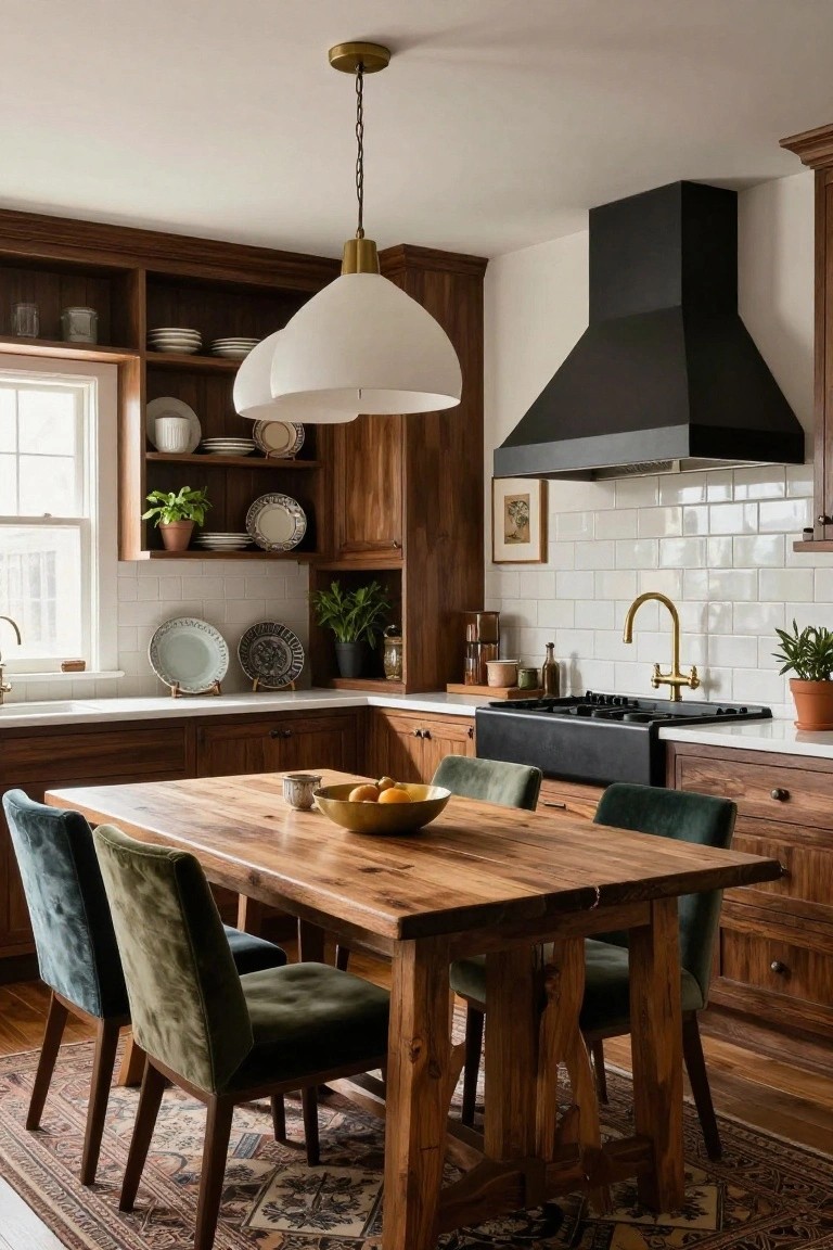 Kitchen with warm brown wood cabinets, white subway tile backsplash, black range hood over gas range, farmhouse sink with brass faucet, open shelves displaying plates, wooden trestle table with four green upholstered chairs, and potted plants.