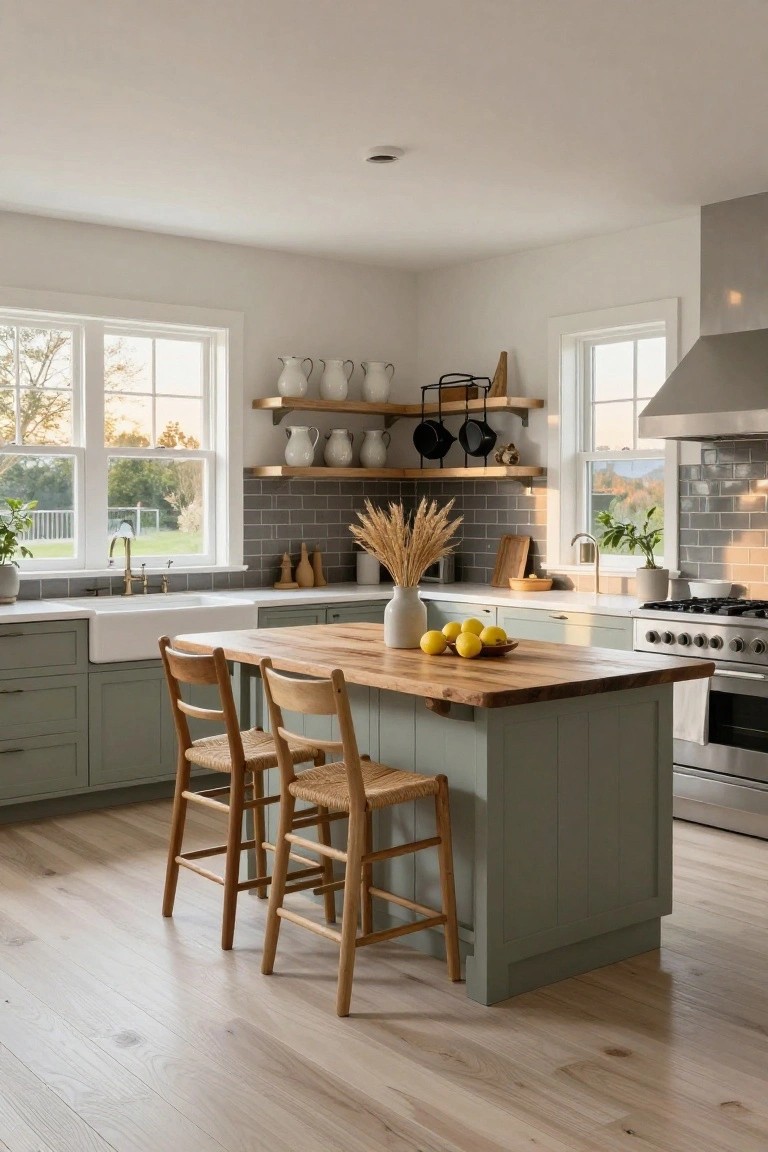 A kitchen featuring sage green lower cabinets and paneled central island with butcher block countertop, two wooden stools, white farmhouse sink, gray subway tile backsplash, and large windows showing a rural view.