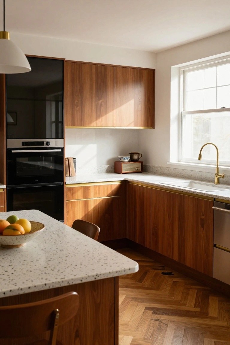 Modern eat-in kitchen with walnut wood cabinets, gold-trimmed edges, white terrazzo countertops and island, black oven and dishwasher, brass faucet, pendant light, and herringbone wood flooring.