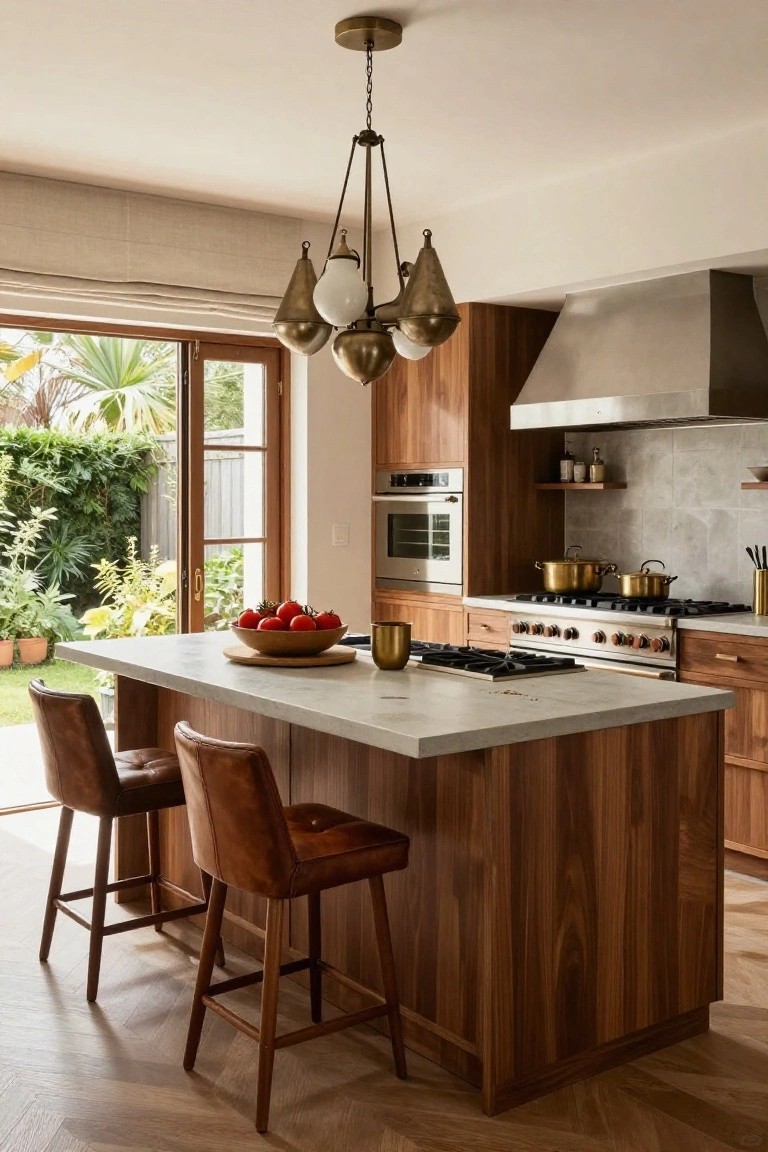 A luxury kitchen with a large central island in walnut wood topped with white quartz, two tan leather bar stools, brass cookware on a stainless steel range, and French doors opening to a tropical garden view.