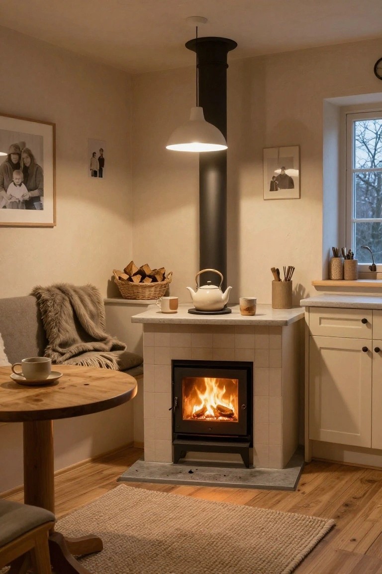 Cozy kitchen corner with white-tiled wood-burning stove, built-in gray bench with wool throw, round wooden table holding teacup, nearby kettle on counter, wooden floors, and pendant light overhead.