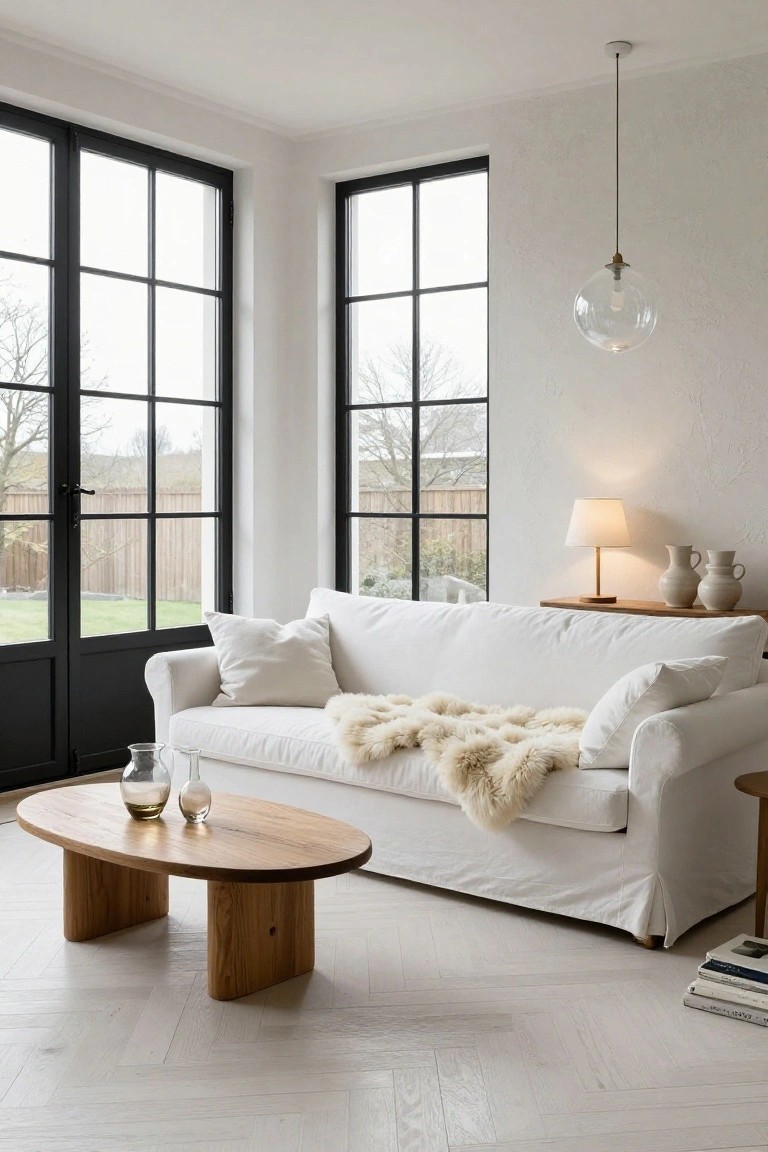 Corner living room with white slipcovered sofa draped in sheepskin throw, oval wooden coffee table holding glass vases, large black metal-framed windows and doors overlooking garden, herringbone light wood floor.