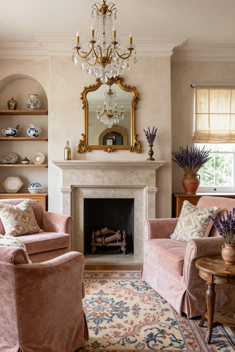 A living room with two blush pink velvet armchairs facing a limestone fireplace, crystal chandelier overhead, gold-framed mirror above the mantel, shelves holding blue-and-white ceramics, and lavender arrangements on side tables.