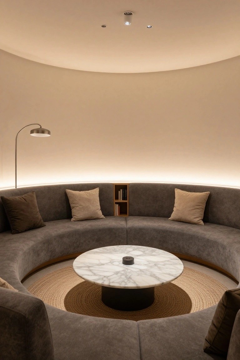 Curved gray sofa with pillows encircling a round white marble table on a seagrass rug in a circular beige room with arc floor lamp, built-in bookshelf, and cove lighting.