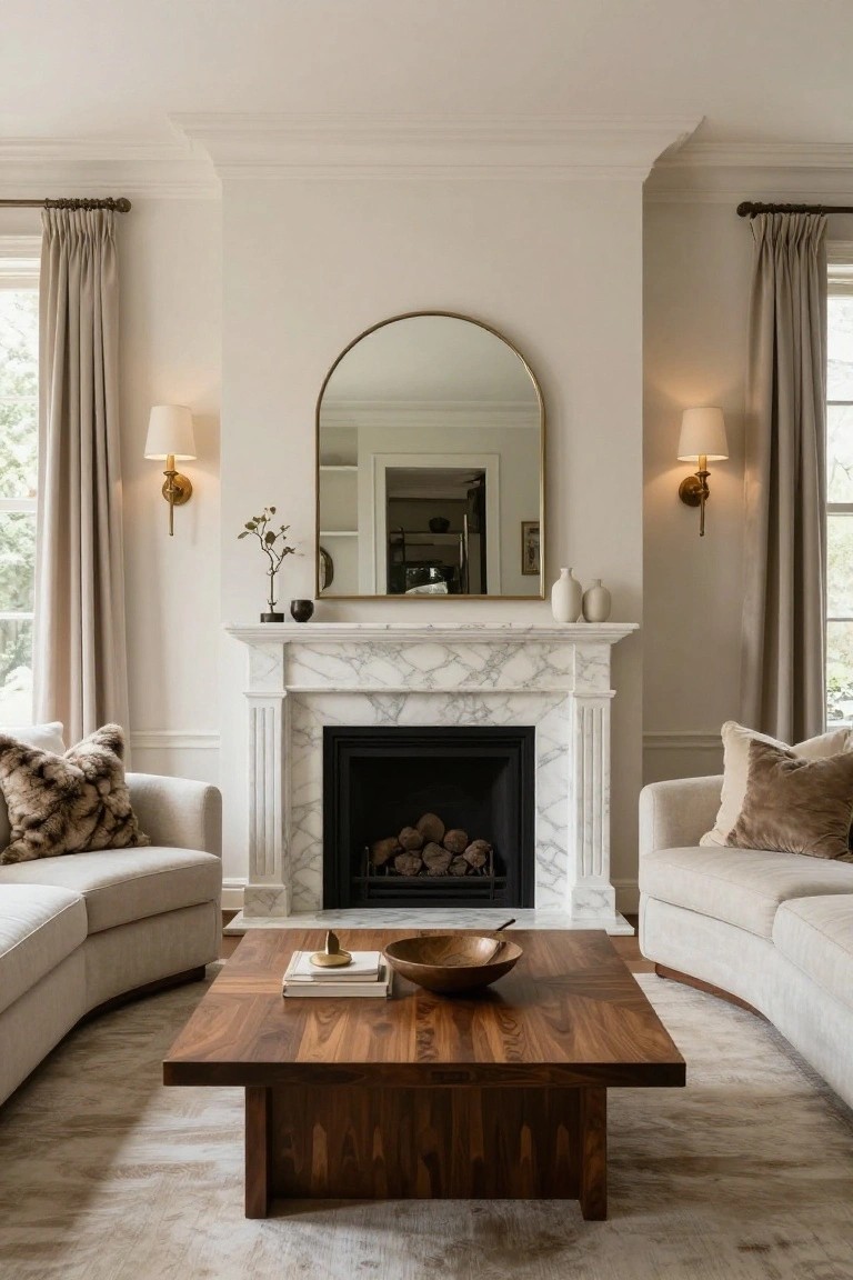A living room with two curved cream-colored sofas facing a white marble fireplace, a square wooden coffee table in between, gold arch mirror above the mantel flanked by white vases and sconces, and beige curtains on windows.