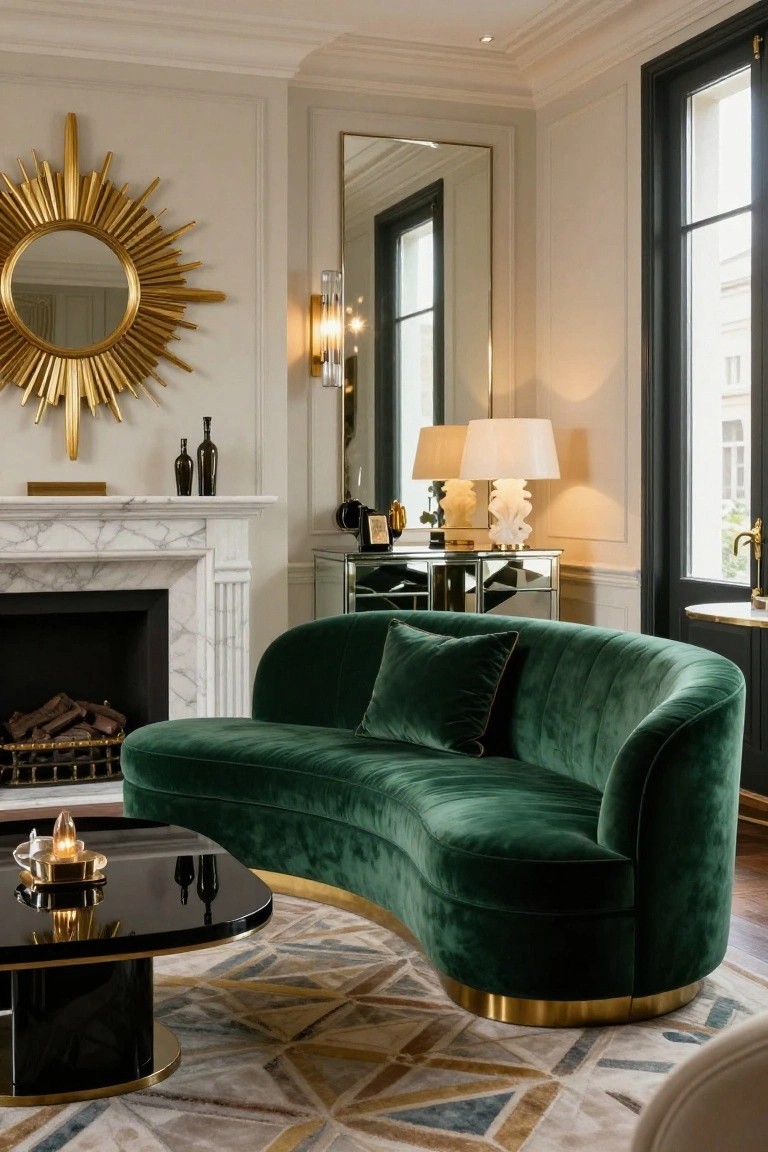 A curved emerald green velvet sofa sits in front of a white marble fireplace in a light-walled living room with gold sunburst mirror, lamps, and black-framed windows.