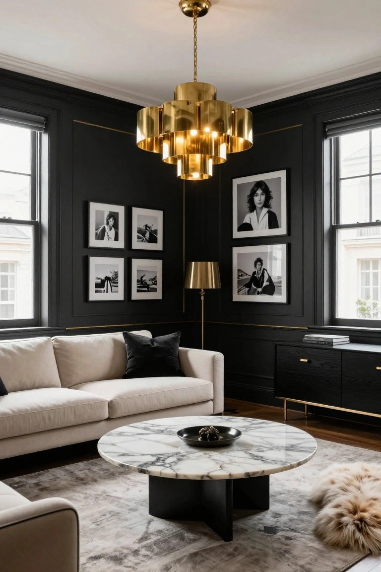A living room corner with matte black walls and trim, tiered gold chandelier hanging from the ceiling, light beige sofa with black pillows, black coffee table topped with white marble, gold floor lamp, and black-and-white framed photos on the walls.