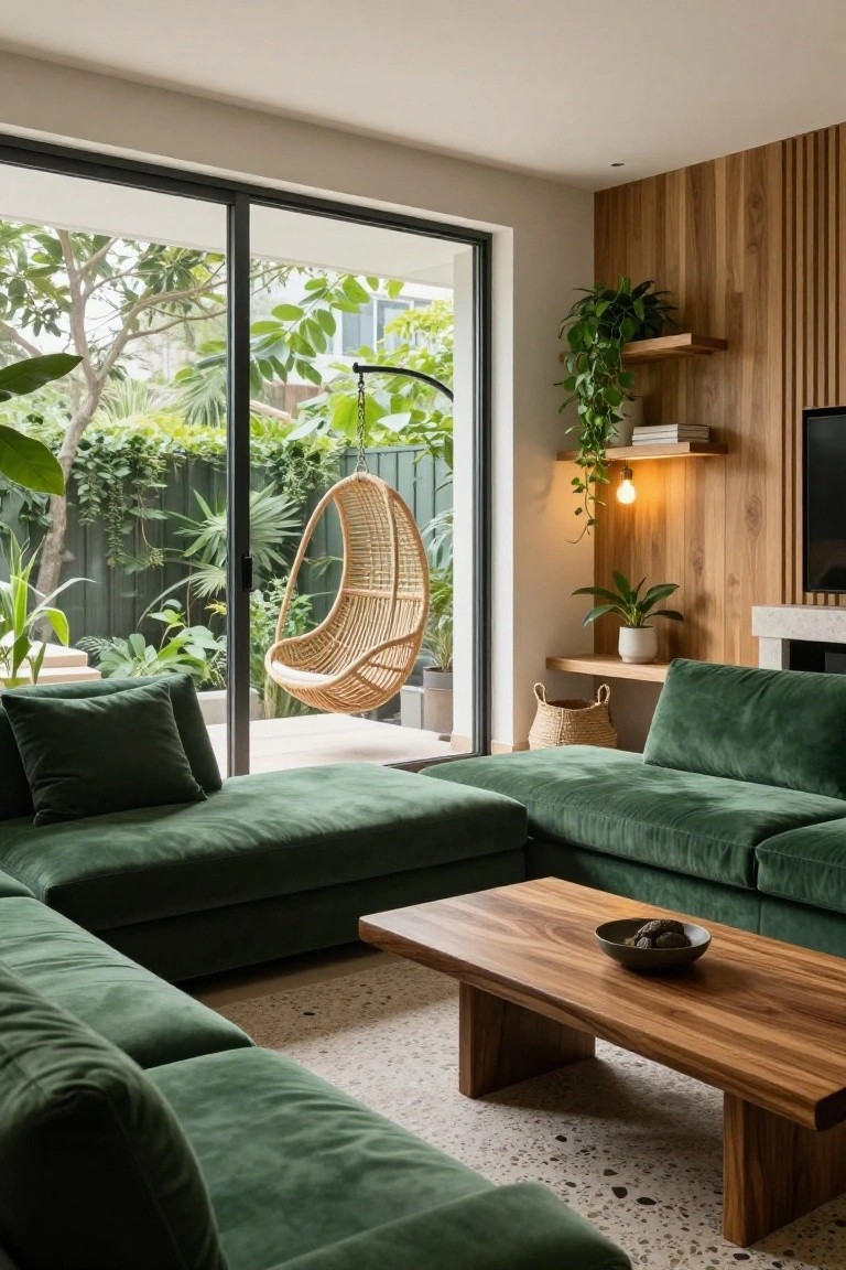 Modern living room with large L-shaped deep green velvet sofa, low wooden coffee table, rattan hanging chair near sliding glass doors to garden, wooden slat accent wall, potted plants, and floor lamp.