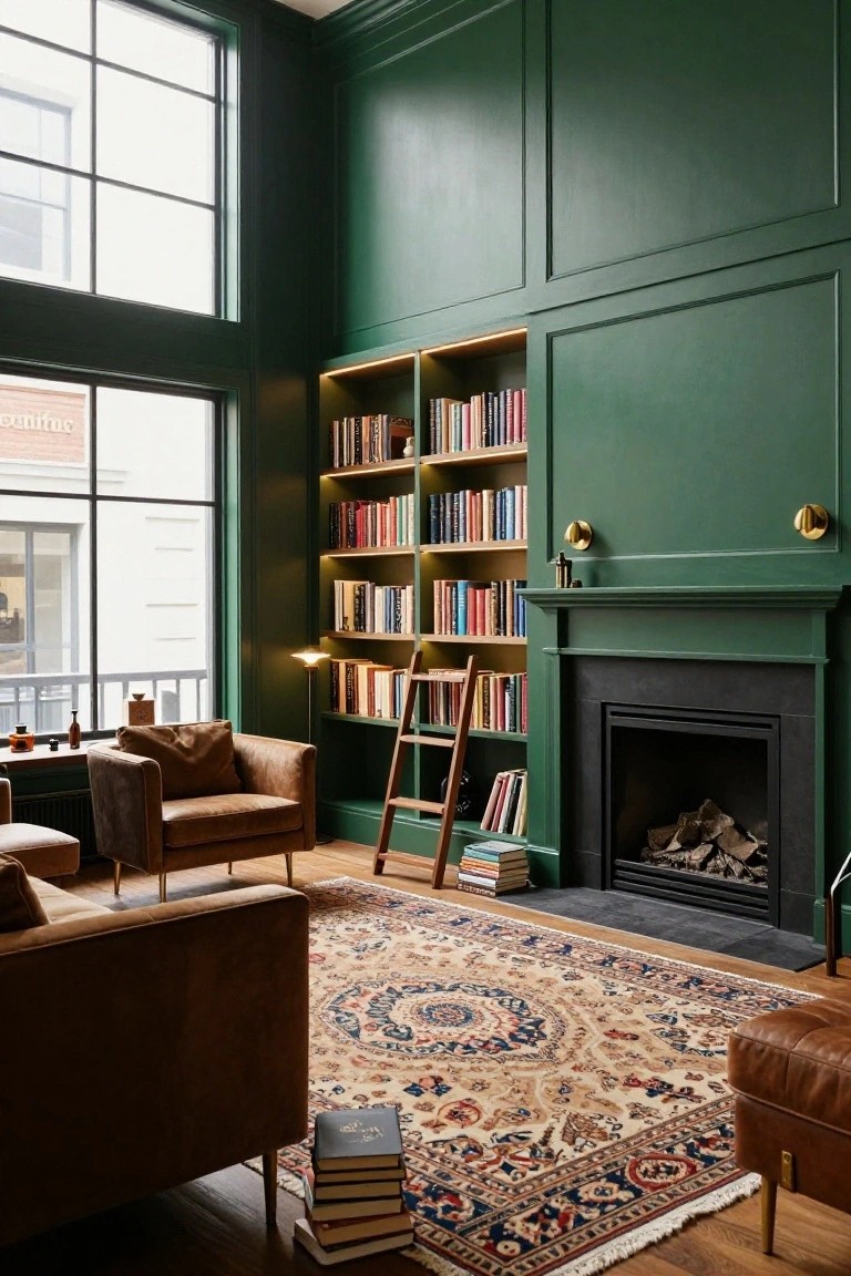 A tall-ceilinged living room with emerald green paneled walls and built-in bookshelves lit by brass sconces, featuring a wooden library ladder, black fireplace with logs, tan leather armchairs, side tables, and a beige Persian rug on hardwood floors.