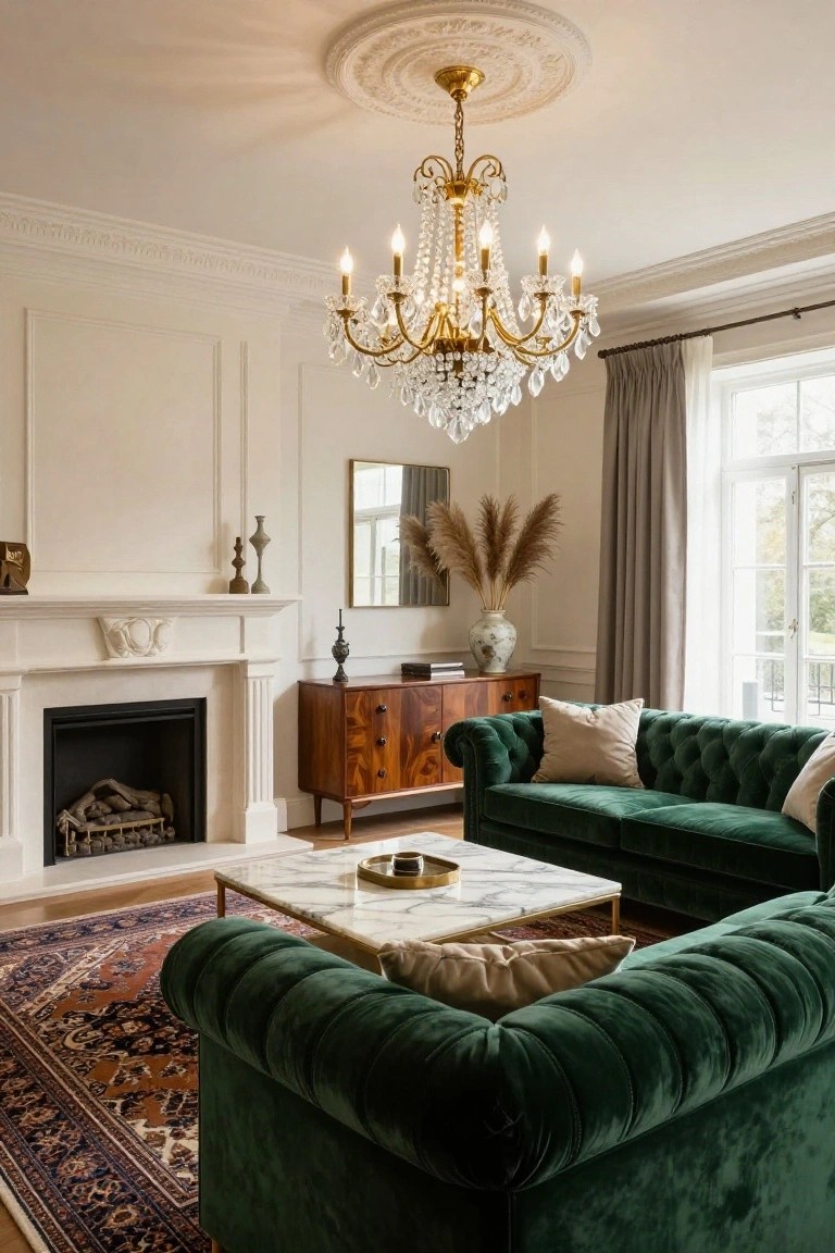 A living room with emerald green tufted Chesterfield sofas, white marble fireplace, wooden credenza, crystal chandelier, gold mirror, potted plants, and Persian rug on hardwood floor.
