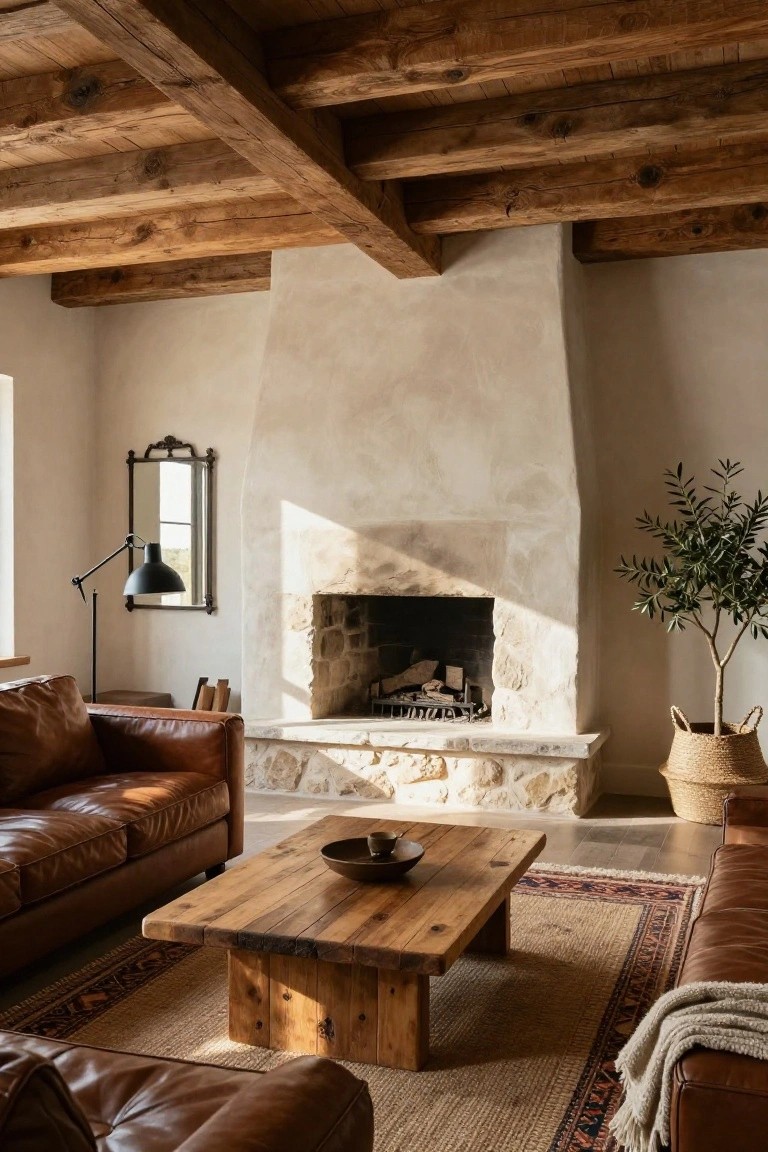 Living room featuring exposed wooden beam ceiling, tall beige stone fireplace with fire lit, brown leather sofas, wooden coffee table with bowl, olive tree in basket, and patterned rug on wood-look floor.