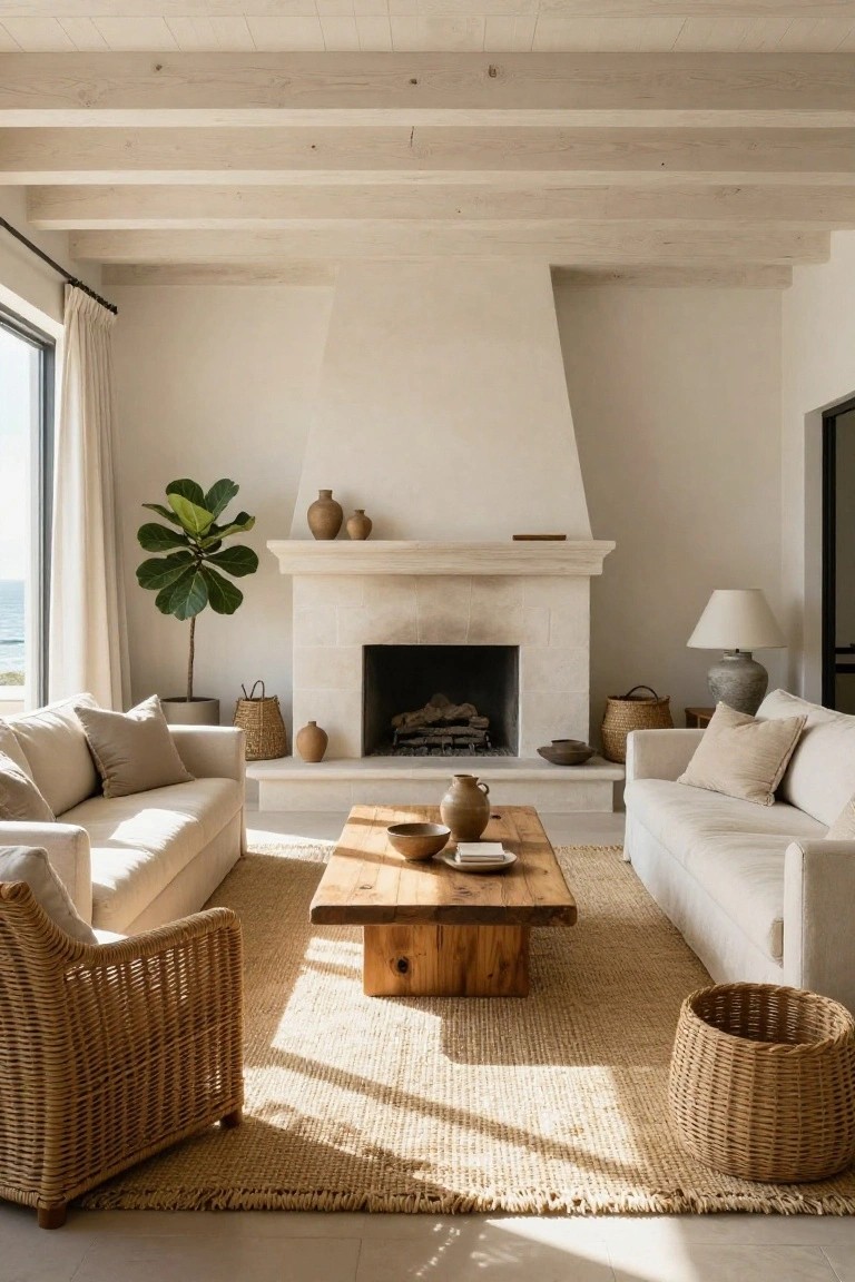 A sunlit living room featuring white sofas arranged around a wooden coffee table, a stone fireplace, exposed whitewashed wooden ceiling beams, rattan chairs, potted plants, and large windows with an ocean view.