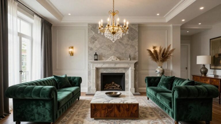 A living room with emerald green tufted Chesterfield sofas, white marble fireplace, wooden credenza, crystal chandelier, gold mirror, potted plants, and Persian rug on hardwood floor.