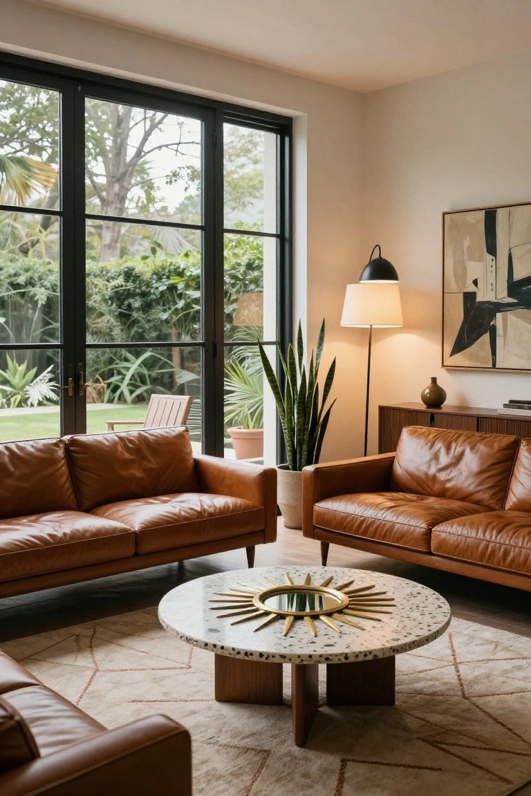 Modern living room with two tan leather sofas facing a round white terrazzo coffee table topped with a gold sunburst mirror, large black-framed sliding glass doors to a garden, tall snake plant, floor lamp, and wood credenza.